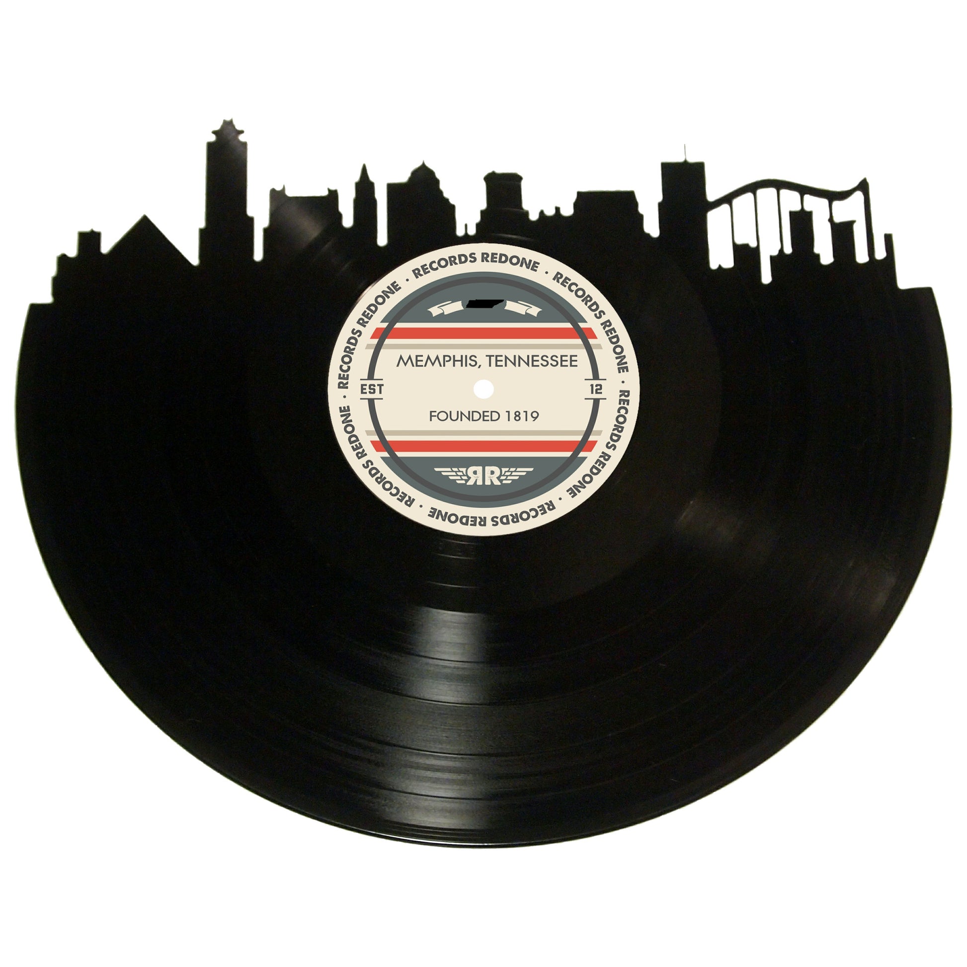 Memphis skyline wall art made from a recycled vinyl record — eco-friendly décor with a nostalgic vibe.