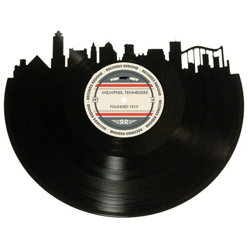 Memphis skyline wall art made from a recycled vinyl record — eco-friendly décor with a nostalgic vibe.
