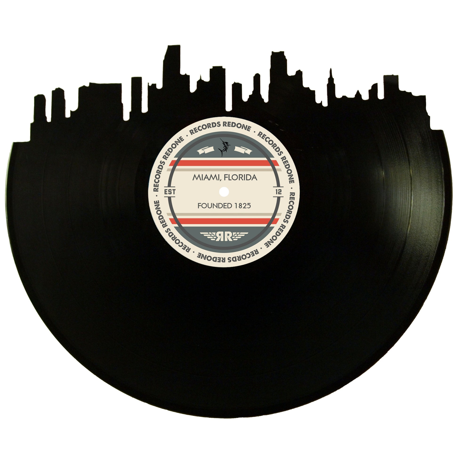 Miami skyline wall art made from a recycled vinyl record — eco-friendly décor with a nostalgic vibe.