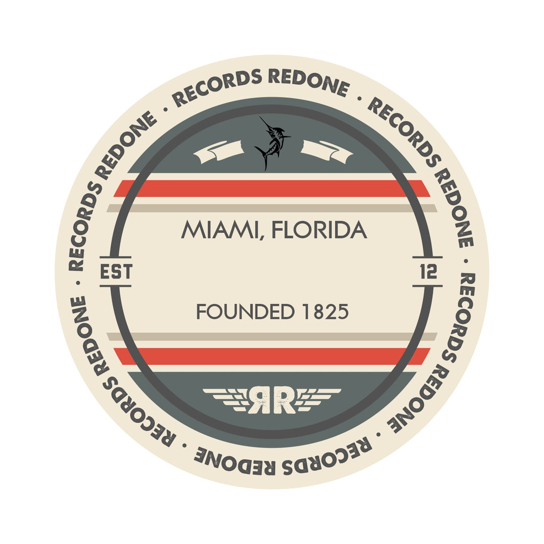 Miami skyline wall art made from a recycled vinyl record — eco-friendly décor with a nostalgic vibe.
