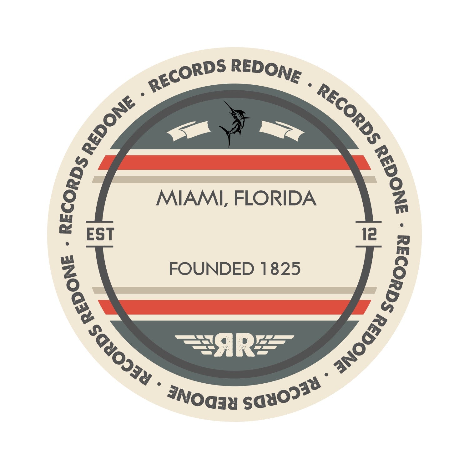 Standard label on Miami, Florida skyline vinyl record wall art.