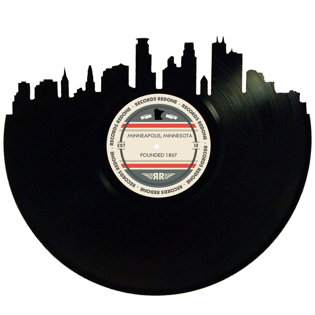 Minneapolis skyline wall art made from a recycled vinyl record — eco-friendly décor with a nostalgic vibe.