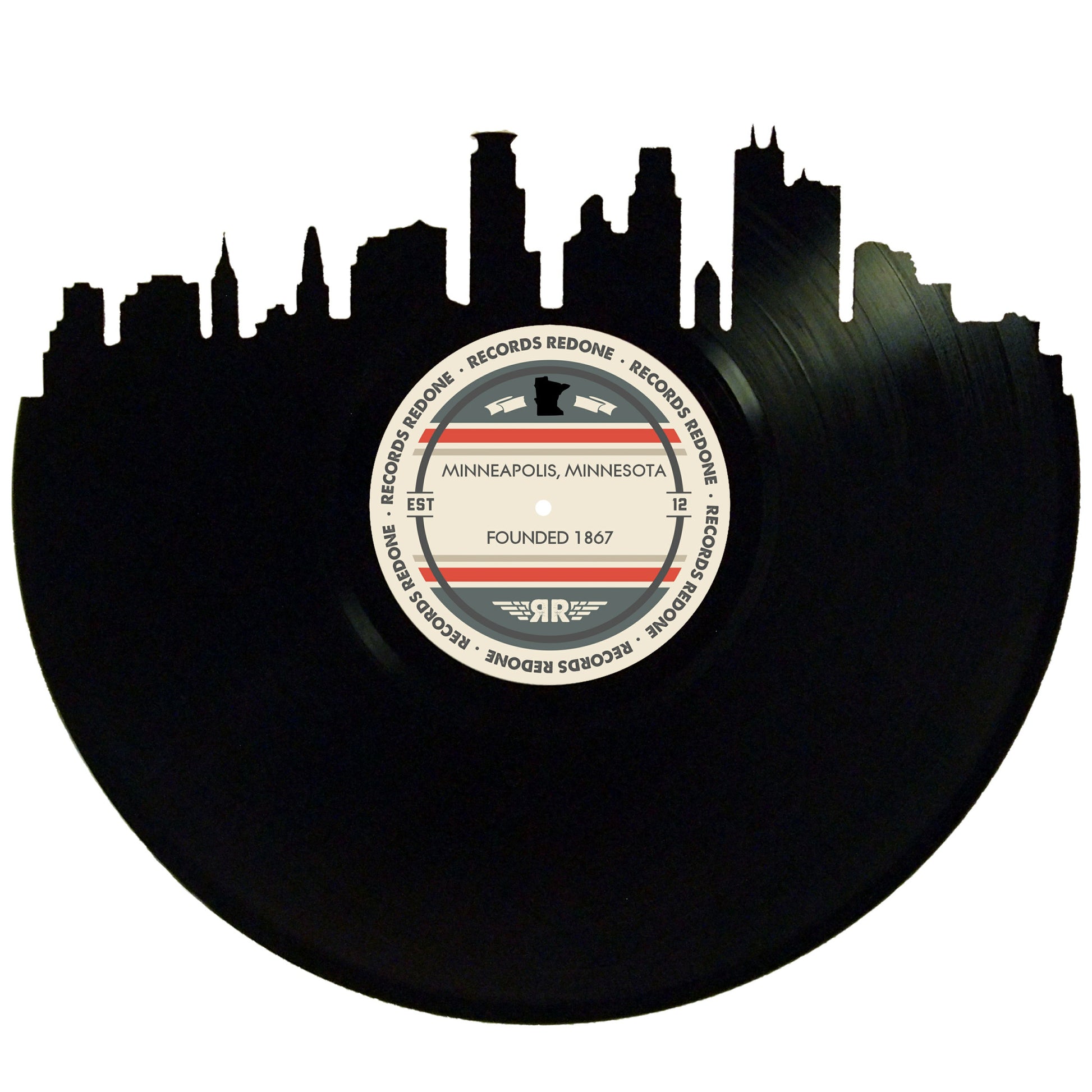 Minneapolis skyline wall art made from a recycled vinyl record — eco-friendly décor with a nostalgic vibe.