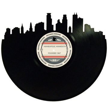 Minneapolis skyline wall art made from a recycled vinyl record — eco-friendly décor with a nostalgic vibe.