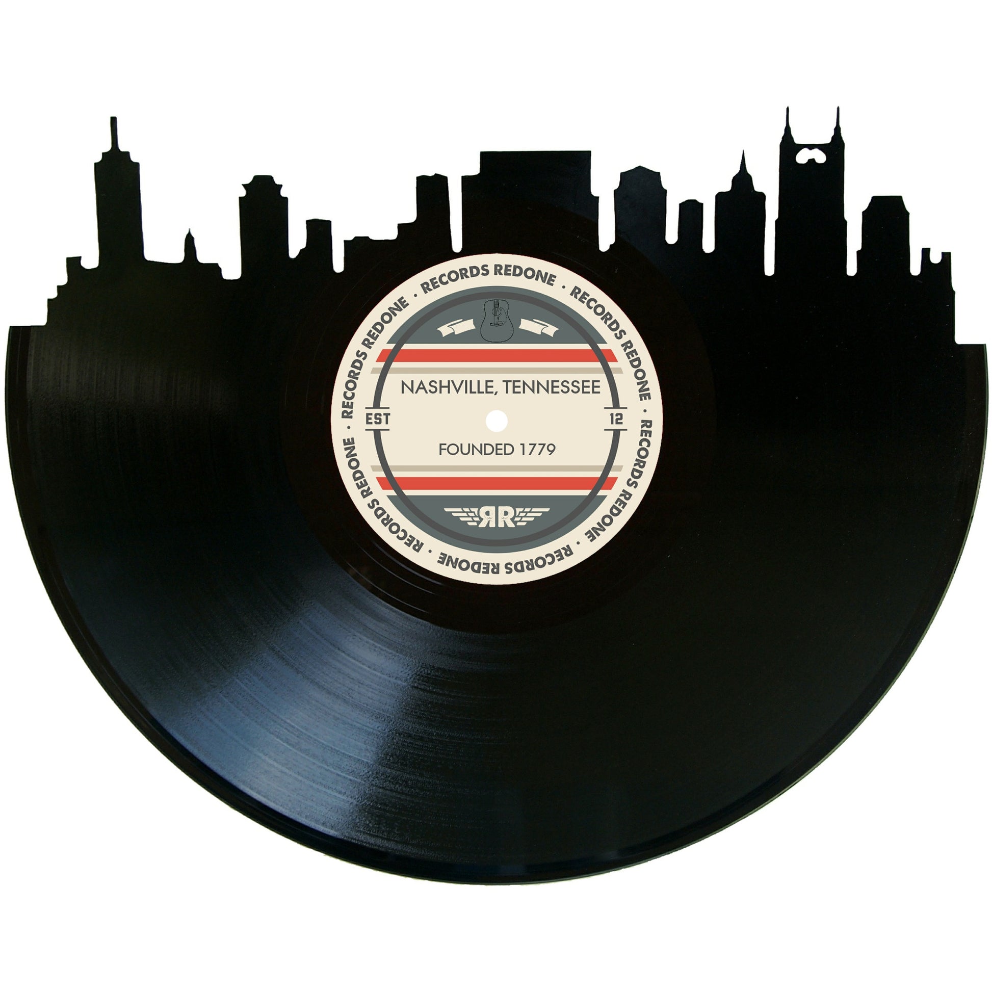 Handcrafted vinyl record art of the Nashville, Tennessee skyline, perfect for gallery walls and unique gifts.
