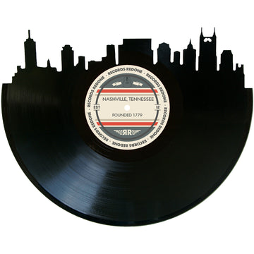 Handcrafted vinyl record art of the Nashville, Tennessee skyline, perfect for gallery walls and unique gifts.