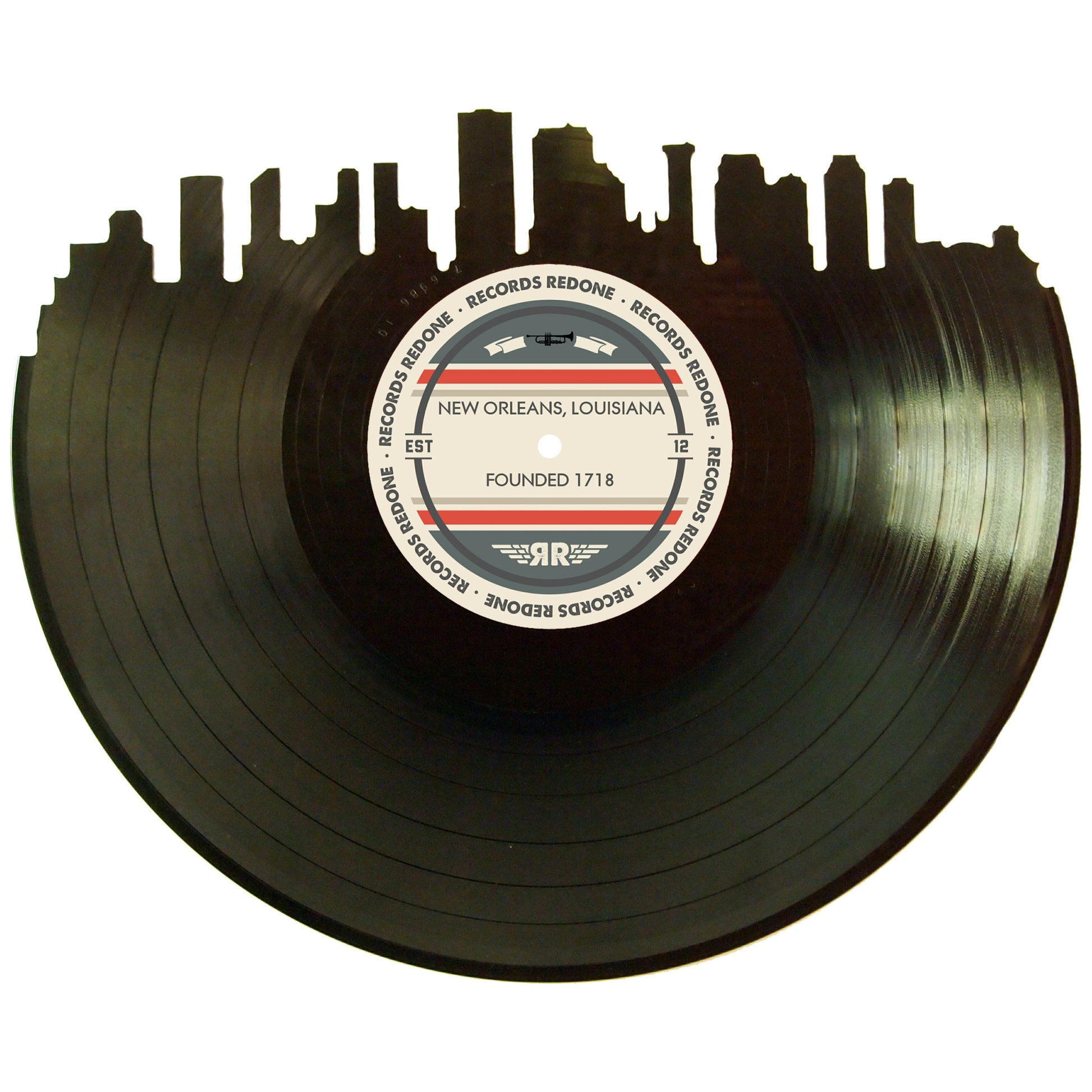 Handcrafted vinyl record art of the New Orleans, LA skyline, perfect for gallery walls and unique gifts.
