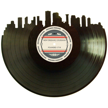 Handcrafted vinyl record art of the New Orleans, LA skyline, perfect for gallery walls and unique gifts.