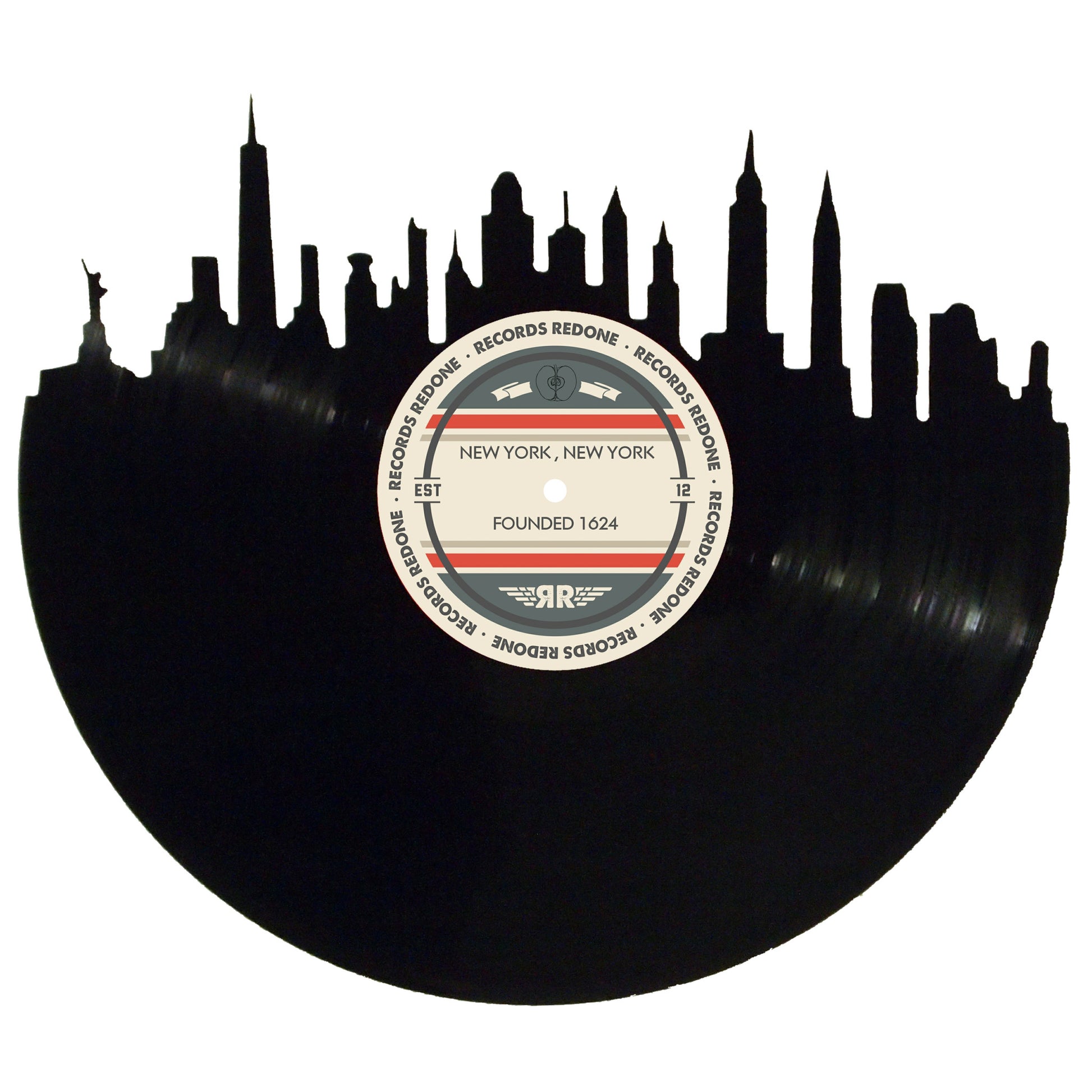 Handcrafted vinyl record art of the New York, New York skyline, perfect for gallery walls and unique gifts.