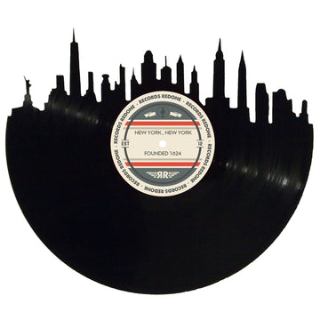 Handcrafted vinyl record art of the New York, New York skyline, perfect for gallery walls and unique gifts.