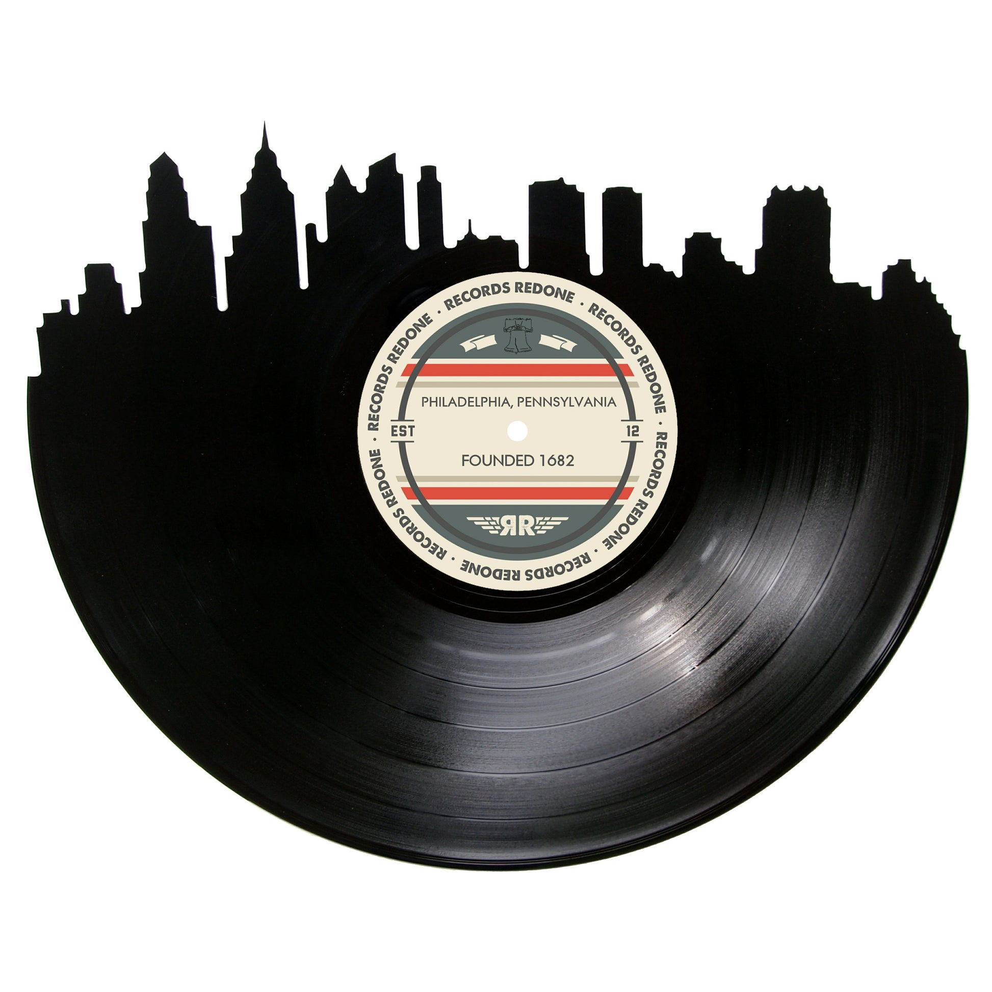 Handcrafted vinyl record art of the Philadelphia, PA skyline, perfect for gallery walls and unique gifts.
