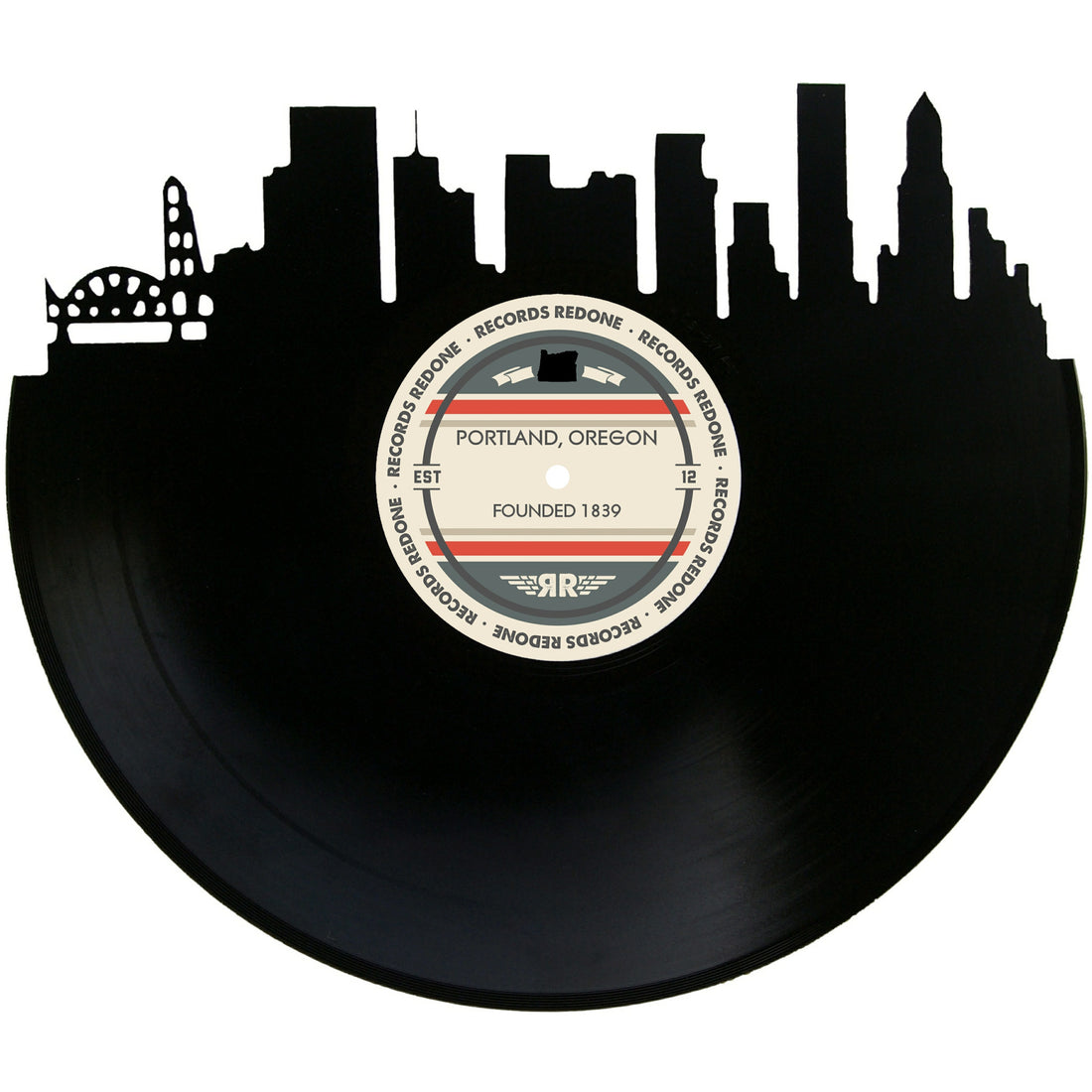 Handcrafted vinyl record art of the Portland, Oregon skyline, perfect for gallery walls and unique gifts.