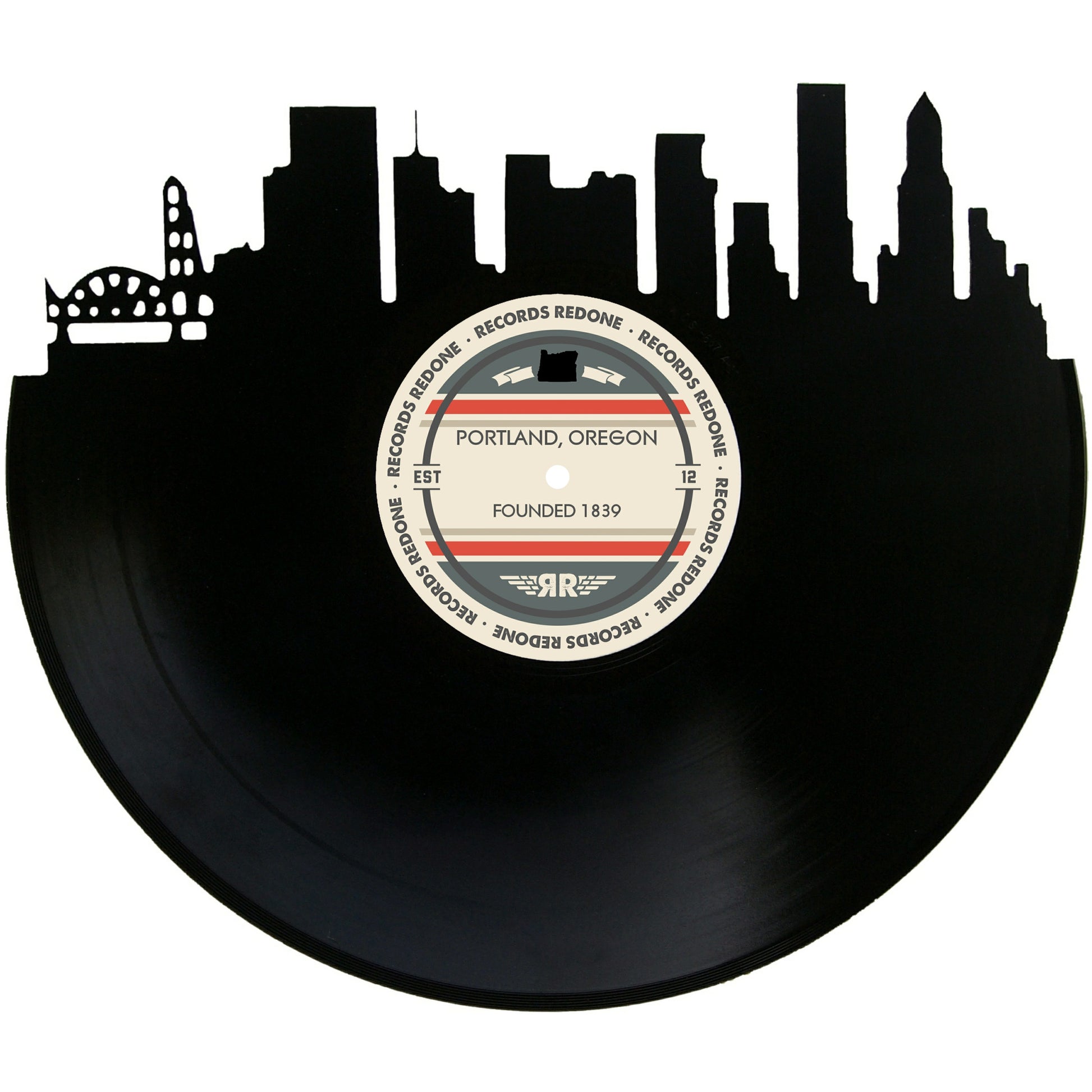 Handcrafted vinyl record art of the Portland, Oregon skyline, perfect for gallery walls and unique gifts.