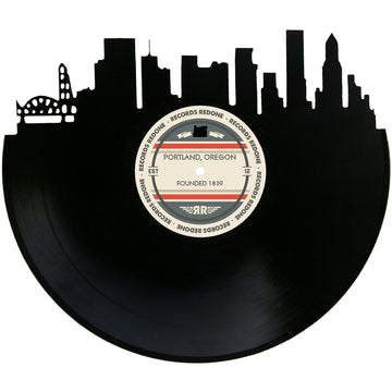 Handcrafted vinyl record art of the Portland, Oregon skyline, perfect for gallery walls and unique gifts.