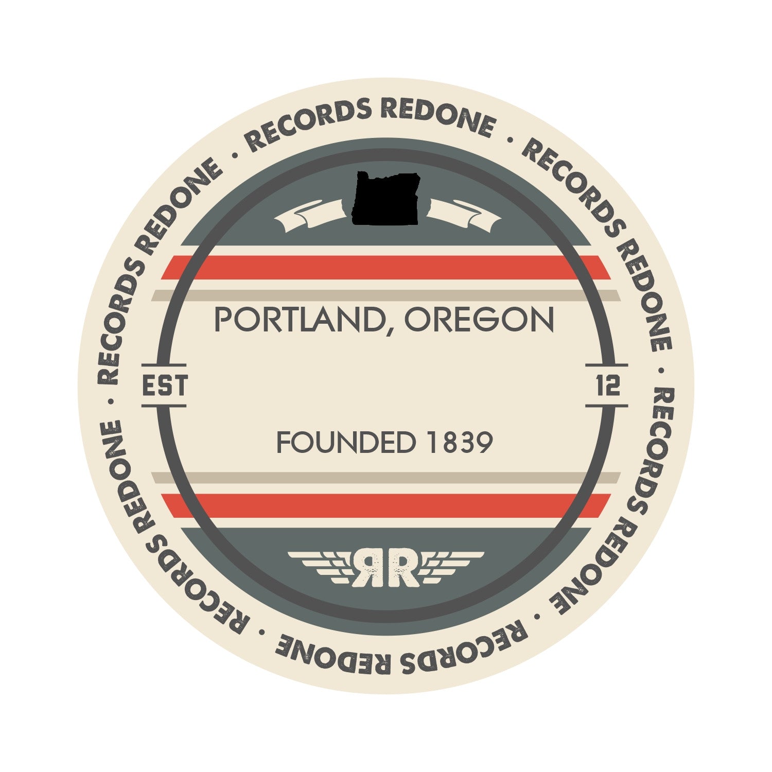 Standard label on Portland, Oregon skyline vinyl record wall art.