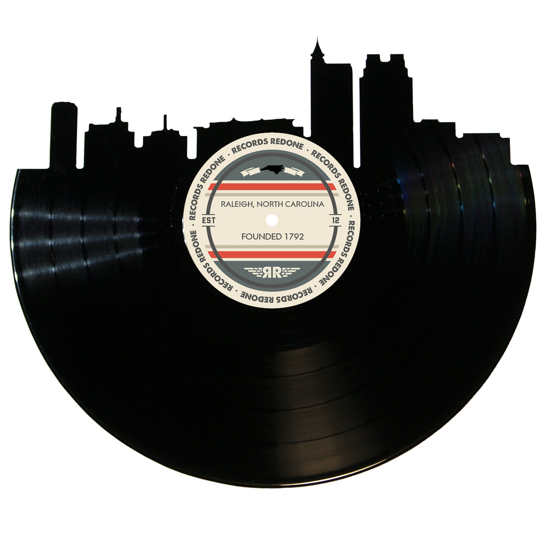 Raleigh skyline wall art made from a recycled vinyl record — eco-friendly décor with a nostalgic vibe.