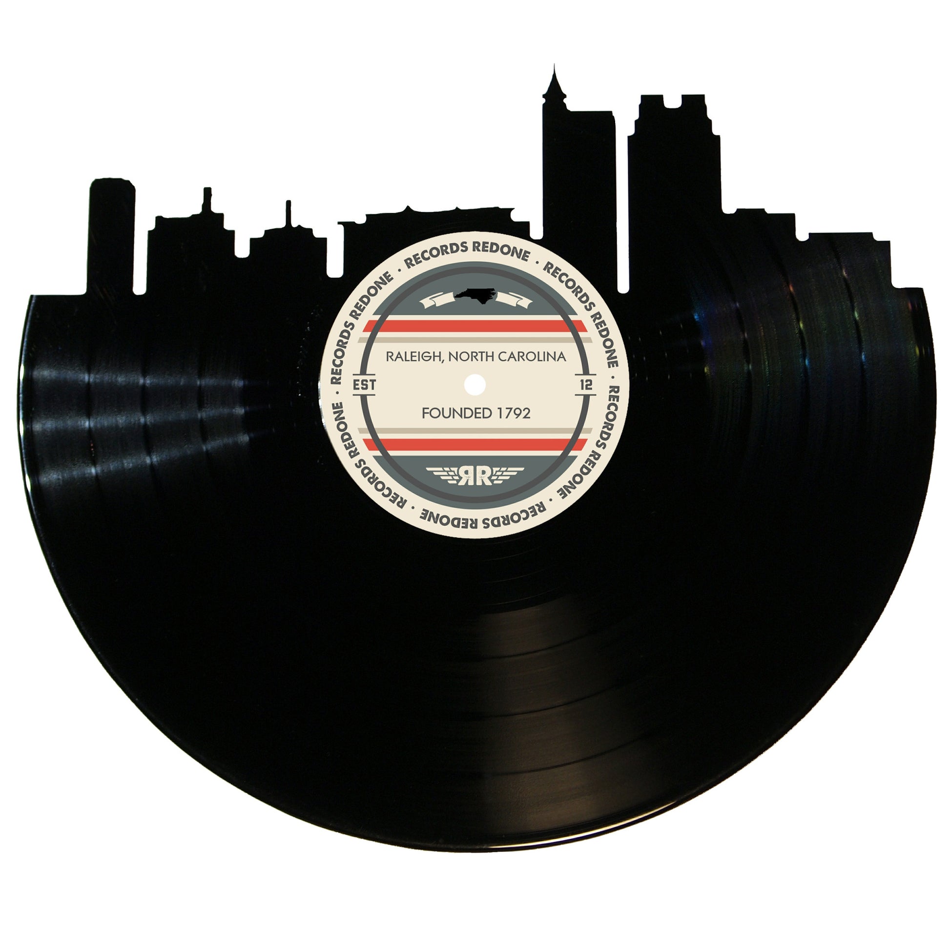 Raleigh skyline wall art made from a recycled vinyl record — eco-friendly décor with a nostalgic vibe.