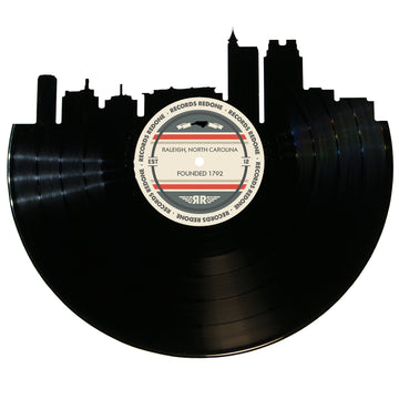 Raleigh skyline wall art made from a recycled vinyl record — eco-friendly décor with a nostalgic vibe.
