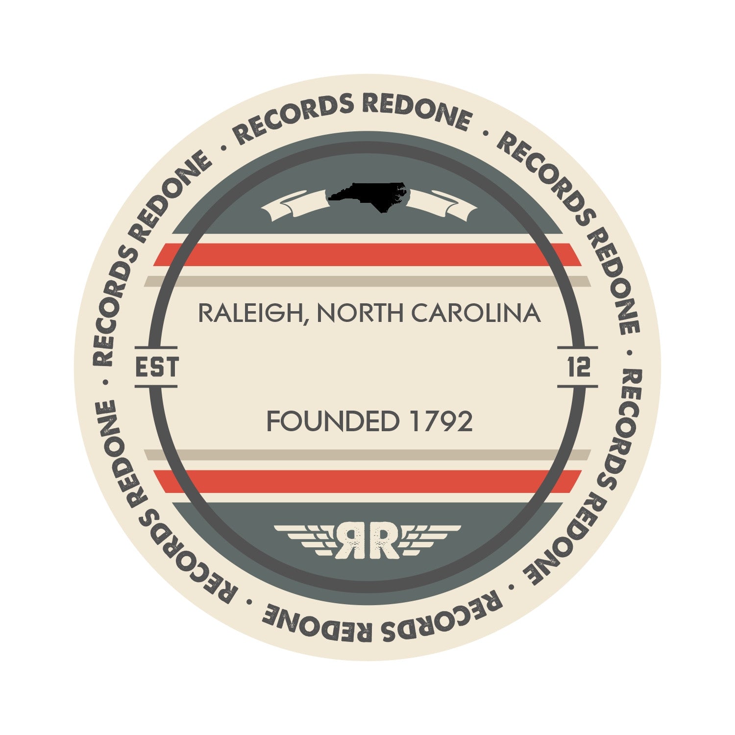Standard label on Raleigh, NC skyline vinyl record wall art.
