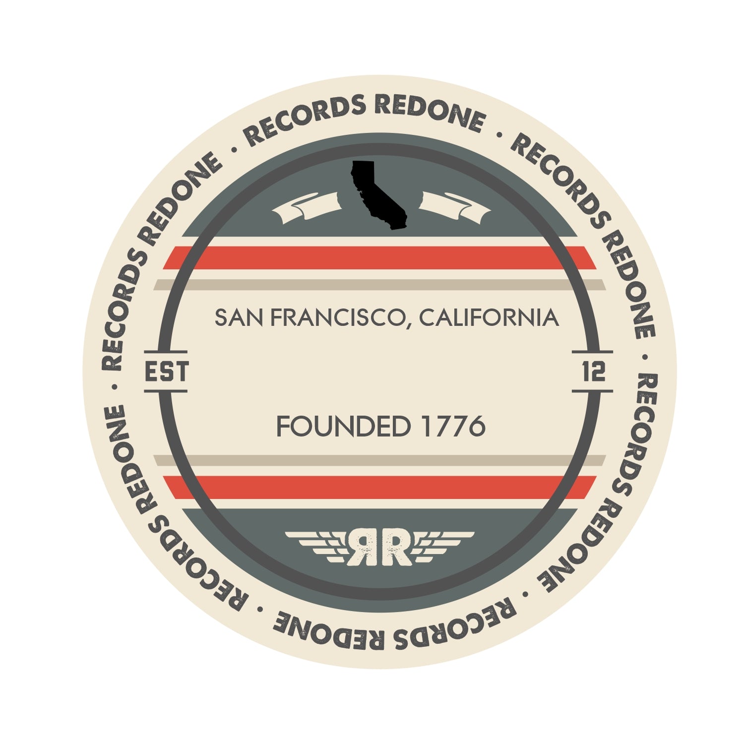Standard label on San Francisco, California skyline vinyl record wall art.