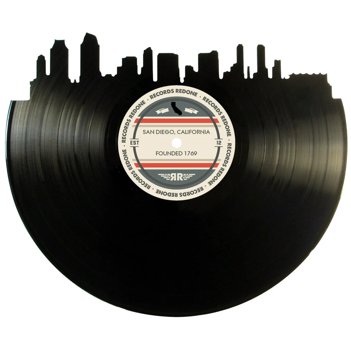 San Diego skyline wall art made from a recycled vinyl record — eco-friendly home décor with a nostalgic vibe.