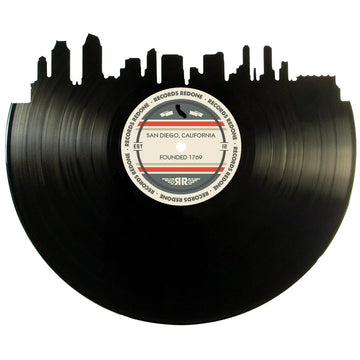 San Diego skyline wall art made from a recycled vinyl record — eco-friendly home décor with a nostalgic vibe.