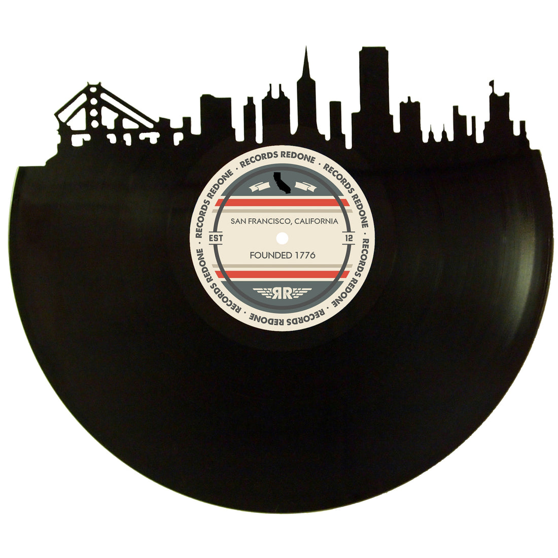 San Francisco skyline wall art made from a recycled vinyl record — eco-friendly décor with a nostalgic vibe.