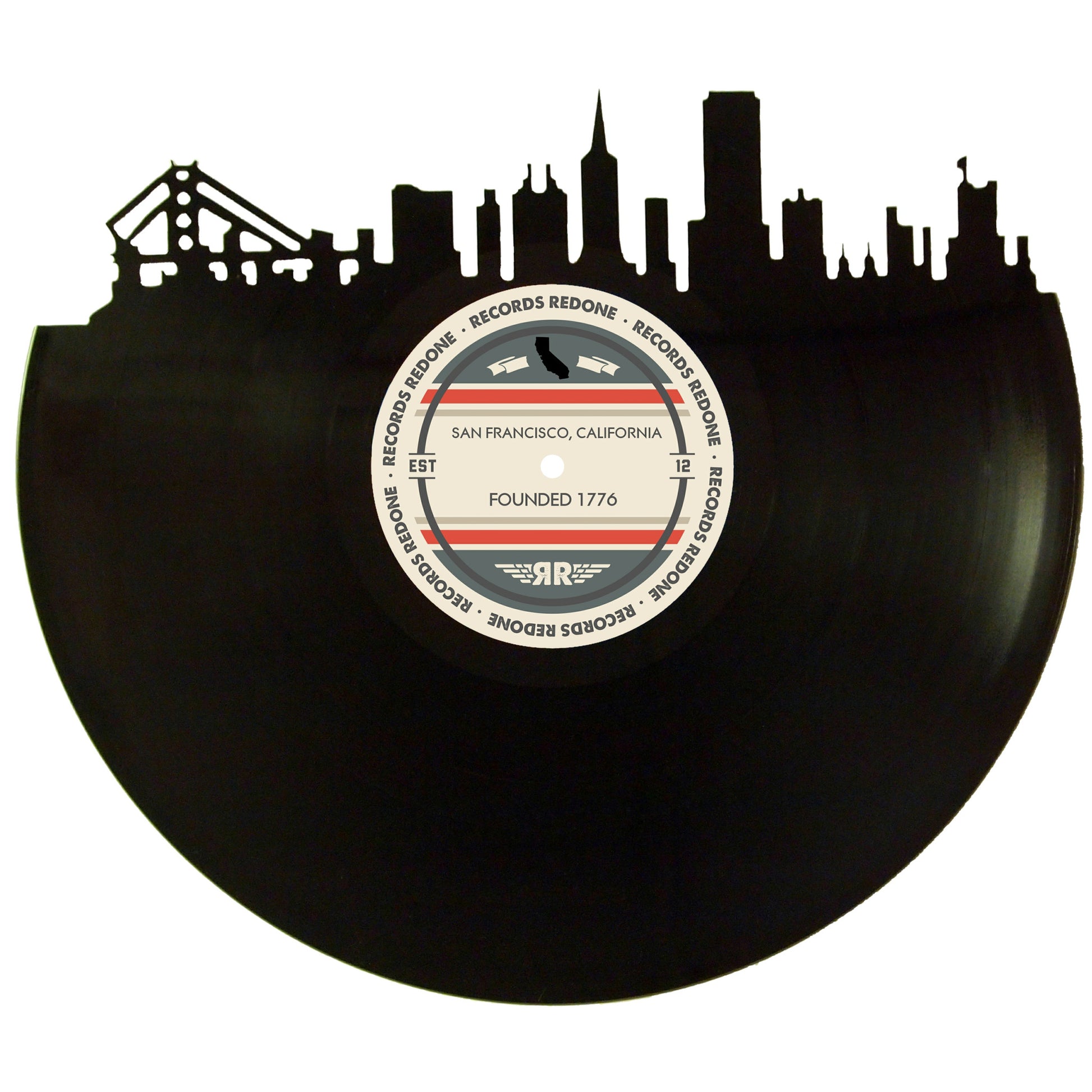 San Francisco skyline wall art made from a recycled vinyl record — eco-friendly décor with a nostalgic vibe.