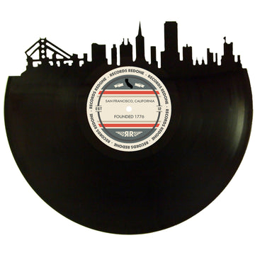San Francisco skyline wall art made from a recycled vinyl record — eco-friendly décor with a nostalgic vibe.