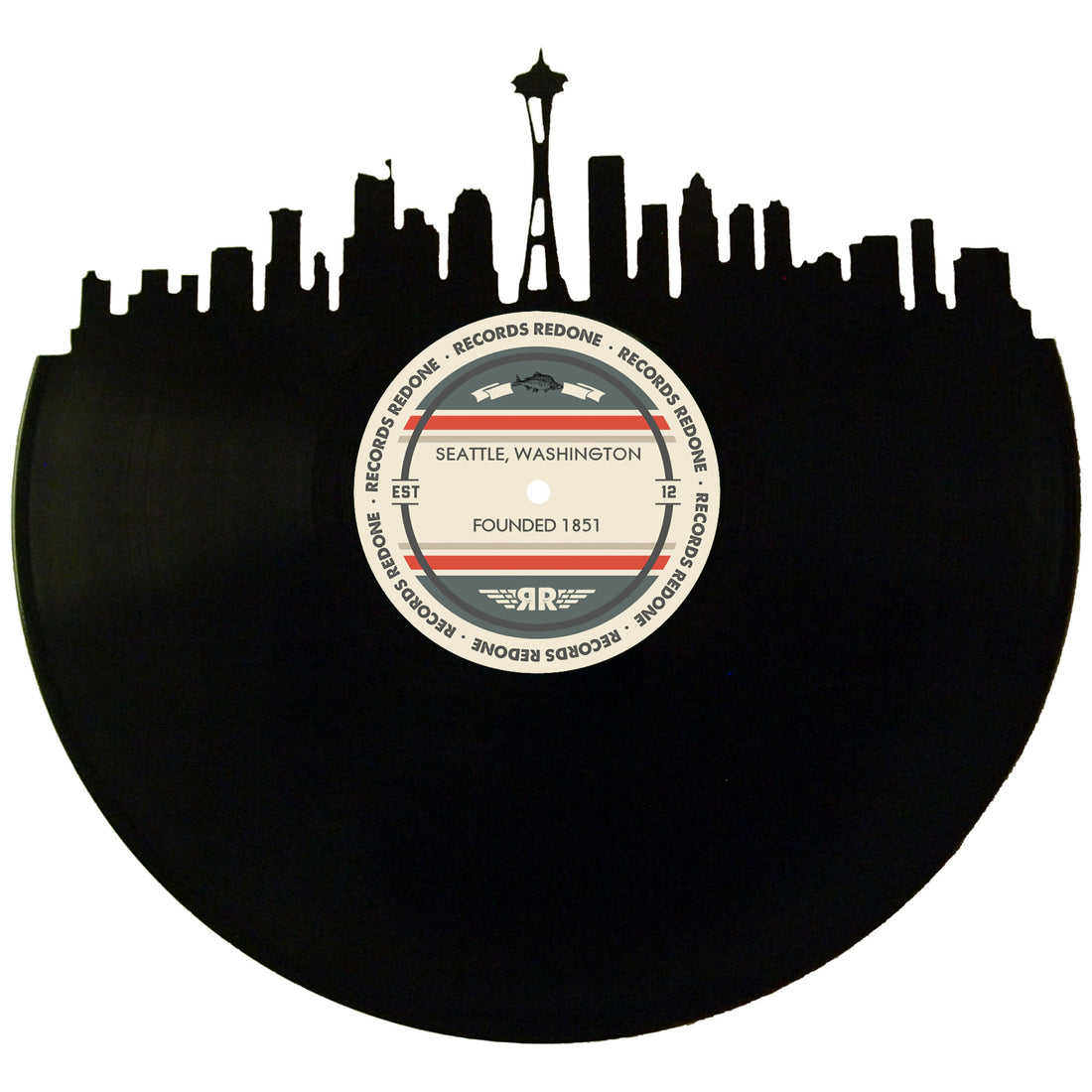 Seattle skyline wall art made from a recycled vinyl record — eco-friendly décor with a nostalgic vibe.