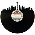 Seattle skyline wall art made from a recycled vinyl record — eco-friendly décor with a nostalgic vibe.