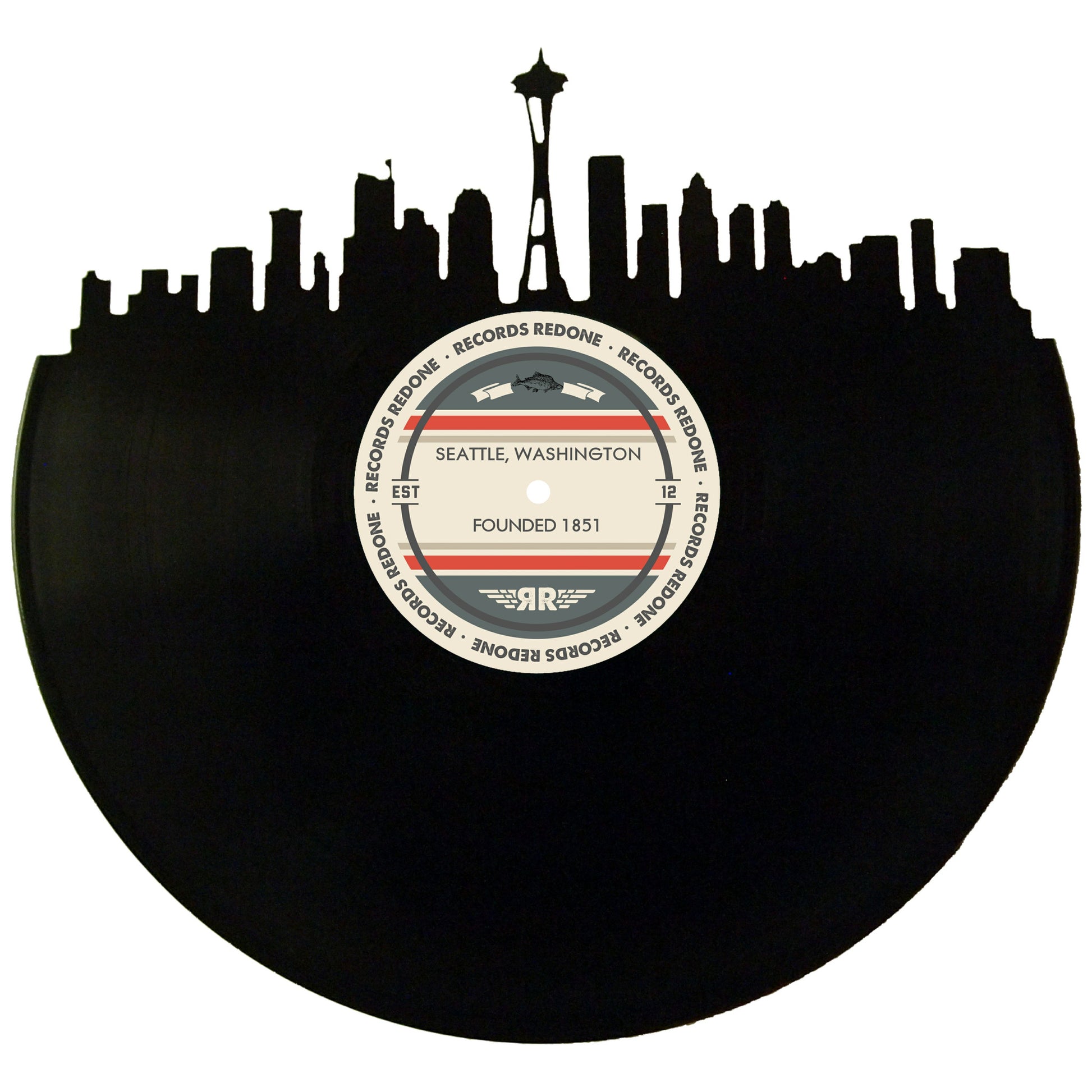 Seattle skyline wall art made from a recycled vinyl record — eco-friendly décor with a nostalgic vibe.