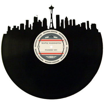 Seattle skyline wall art made from a recycled vinyl record — eco-friendly décor with a nostalgic vibe.