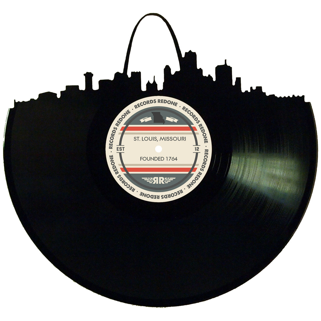 Handcrafted vinyl record art of the St. Louis skyline, perfect for gallery walls and unique gifts.