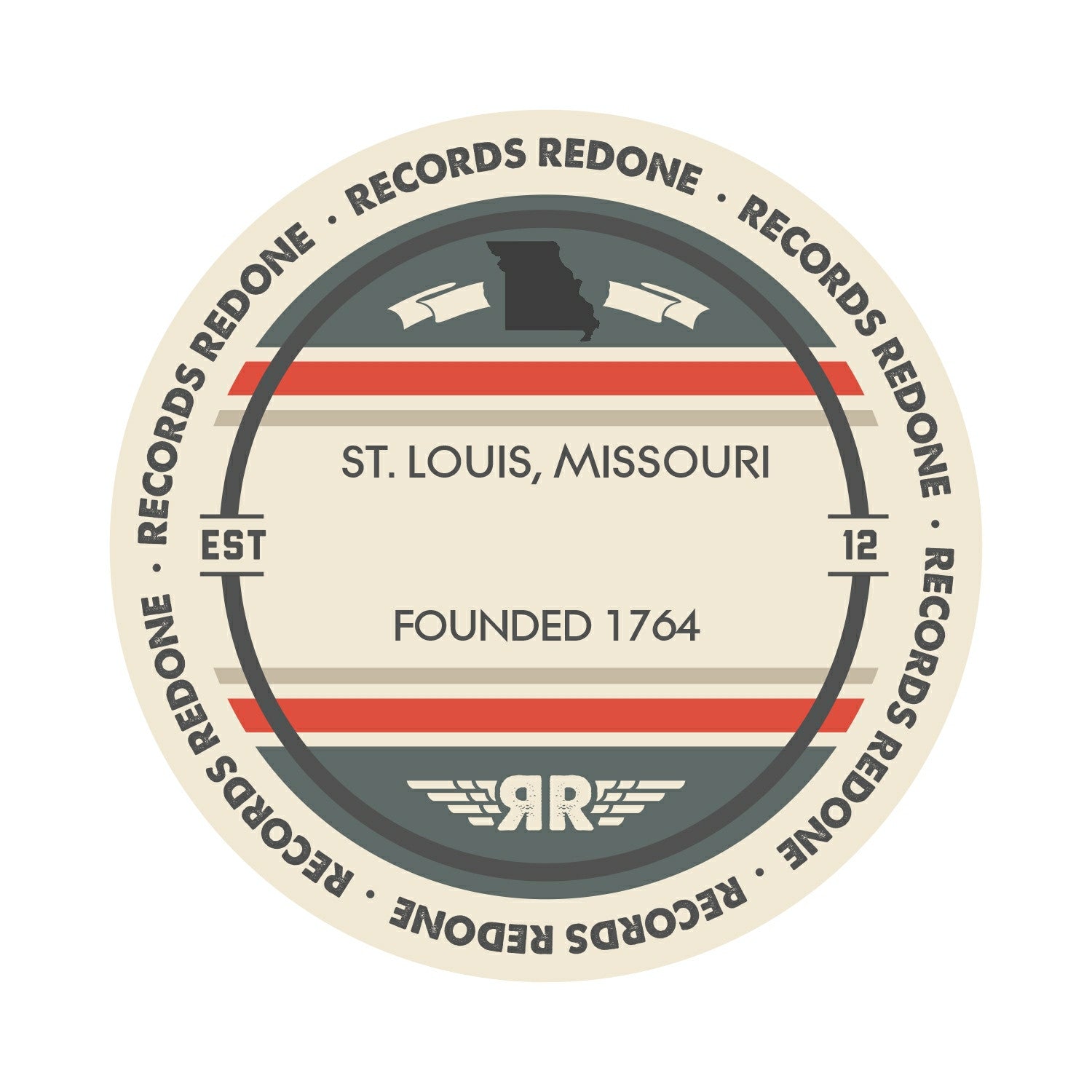 Standard label on St. Louis, Missouri skyline vinyl record wall art.