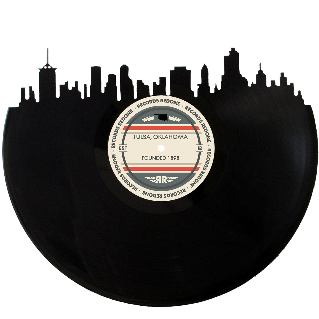 Tulsa, OK skyline wall art made from a recycled vinyl record — eco-friendly décor with a nostalgic vibe.