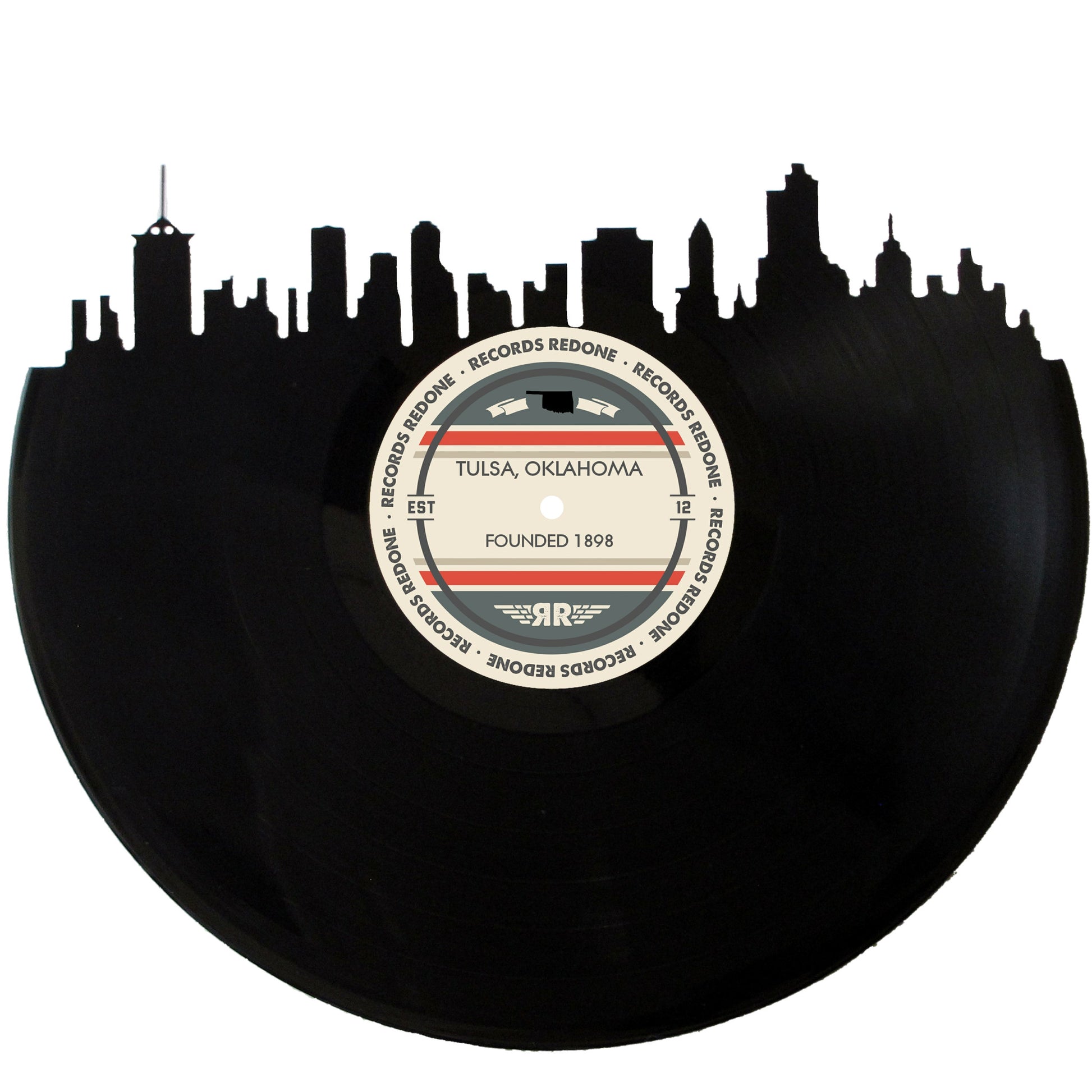 Tulsa, OK skyline wall art made from a recycled vinyl record — eco-friendly décor with a nostalgic vibe.