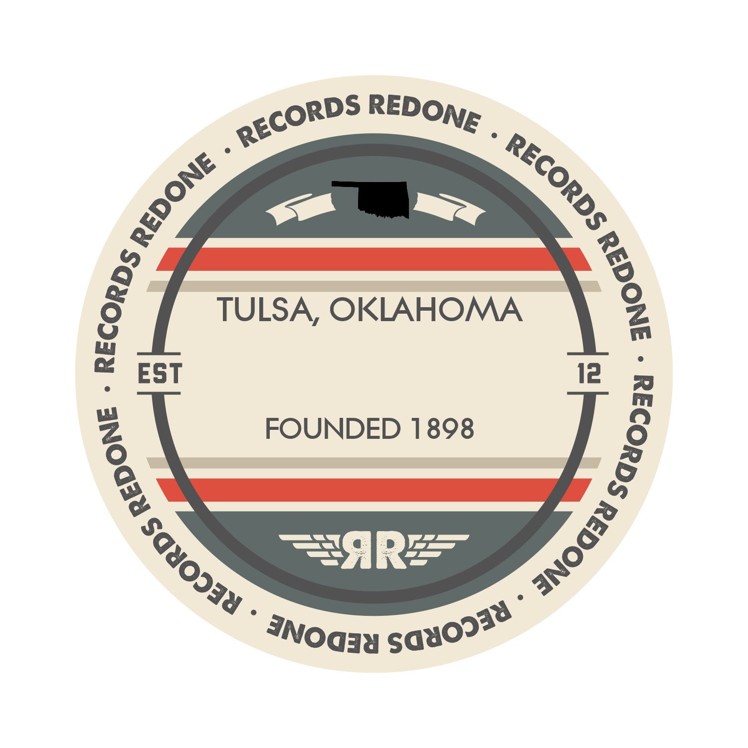 Standard label on Tulsa, Oklahoma skyline vinyl record wall art.